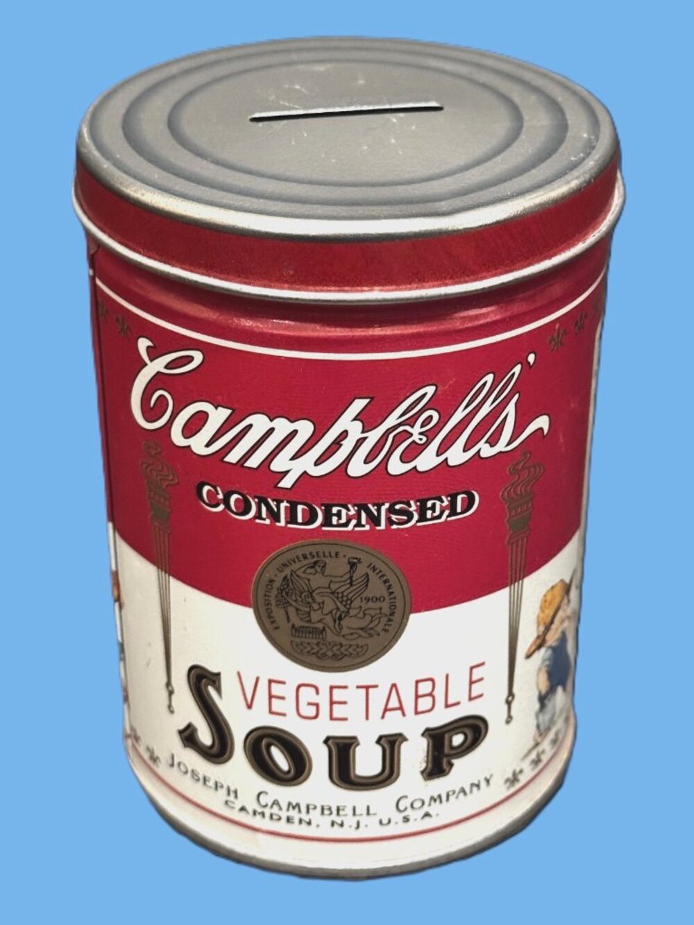 Campbell's Vegetable Soup Tin Canister Bank ft. Campbells Kids Vintage ca. 1997